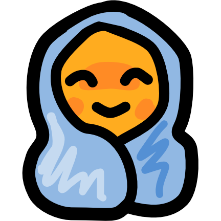 A yellow figure sitting nestled in a light blue blanket. They have a happy, content expression